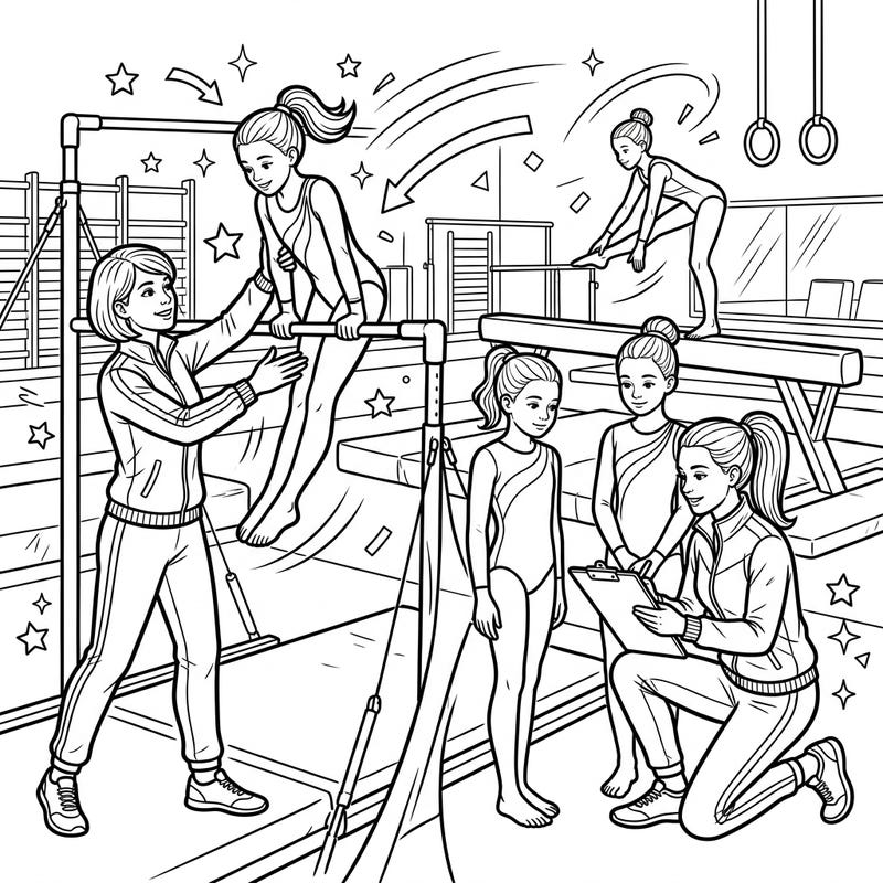Leap into the exciting world of gymnastics with this vibrant coloring page featuring dedicated coaches and talented teen athletes. This detailed illustration captures the energy of practice, perfect for young artists to personalize.