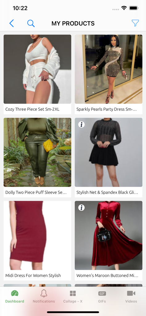 Outfy - Outfy mobile app interface showing a grid of fashion products in the My Products section