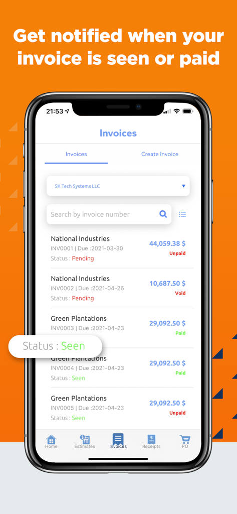 Simple Invoice Maker & Receipt - Pantalla móvil que muestra una lista de facturas de clientes con indicadores de estado para facturas vistas y pagadas