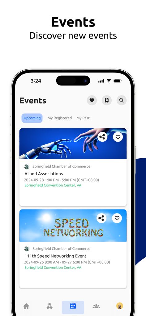 My Glue from Glue Up - Screenshot of the My Glue app showing a list of upcoming professional networking and educational events.