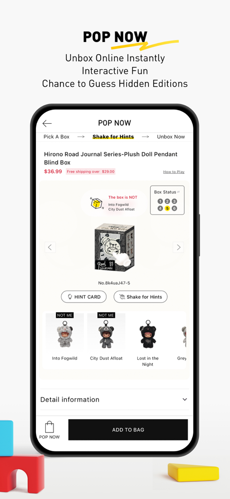 POP MART Americas mobile app screen showing the interactive POP NOW online unboxing feature for Hirono blind boxes