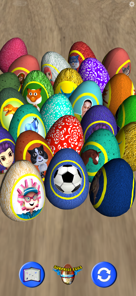 Surprise Eggs for Boys & Girls - Uma variedade de ovos surpresa virtuais coloridos com diferentes temas, como animais de futebol e personagens.