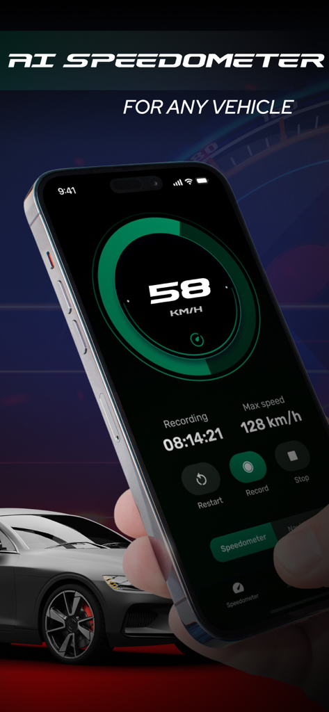 GPS Speedometer – MPH Tracker - あらゆる車両のデジタル速度追跡を示すスマートフォンのGPSスピードメーター – MPHトラッカーアプリのインターフェース