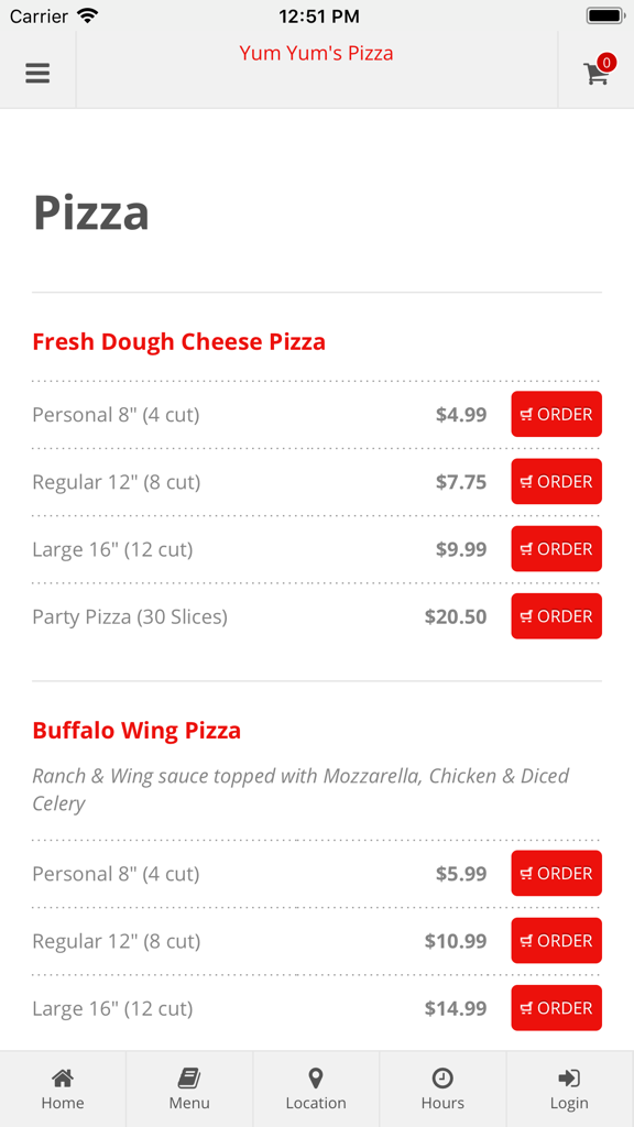 Yum Yum's Pizza app menu screen showing various pizza sizes and prices with order buttons