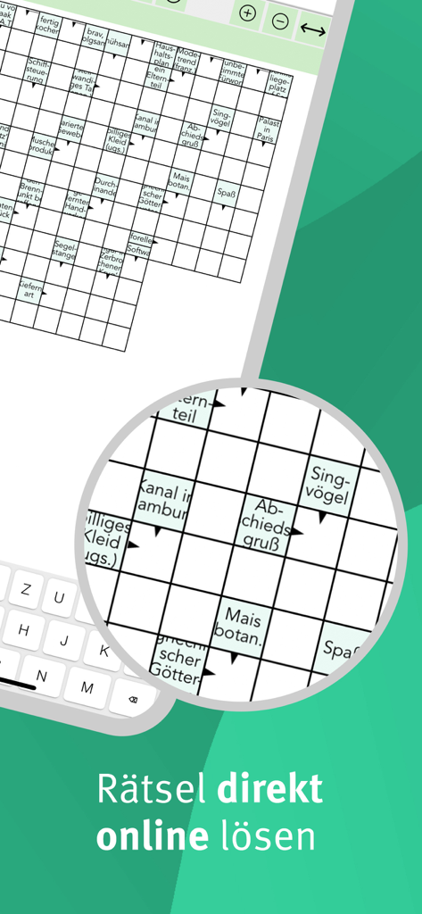 Digitales Kreuzworträtsel-Interface in der IKZ E-Paper-App, das eine vergrößerte Ansicht und eine mobile Tastatur zeigt.