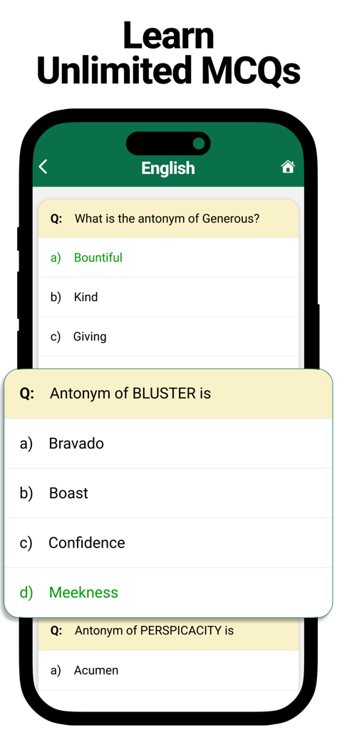 CSS Factory: Exam Preparation - English multiple choice questions on the CSS Factory exam preparation app interface