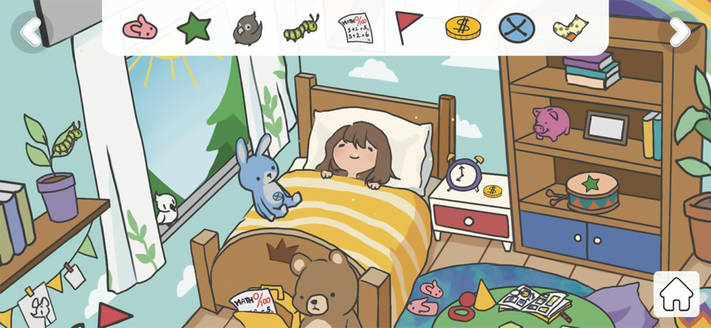 Apples & Bananas Kids App - Cartoon bedroom scene with a sleeping girl and hidden object icons in the Apples and Bananas kids learning app.