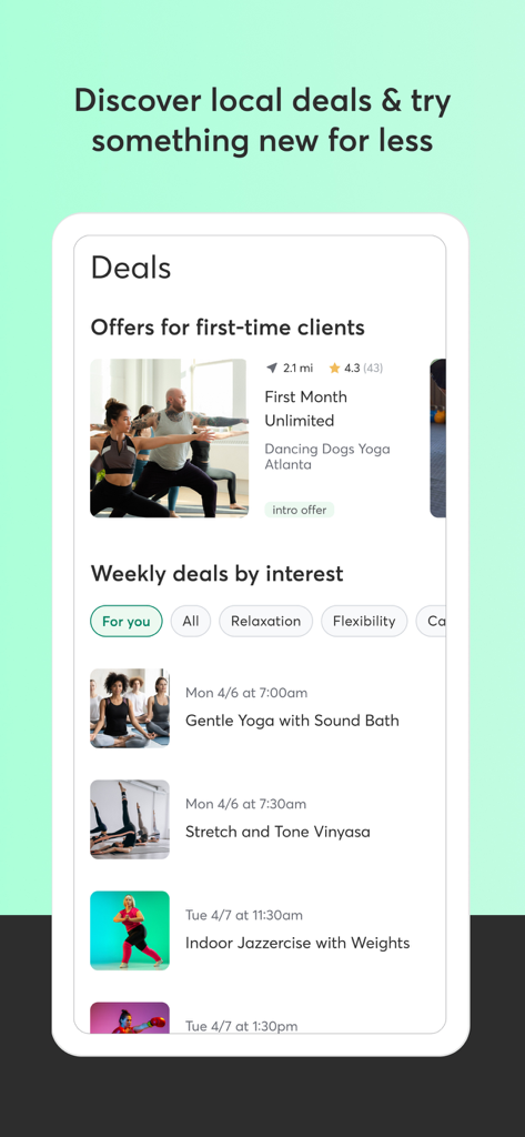 Mindbody app interface displaying local fitness deals introductory offers and weekly classes for yoga and wellness