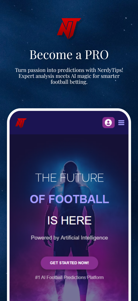 NerdyTips - AI Betting Picks - NerdyTips app screenshot showing AI powered football betting predictions with the future of football tagline