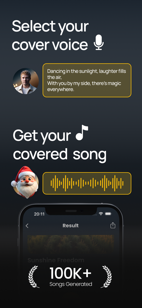 Interface of the Beat app showing options to select a voice and generate an AI song cover