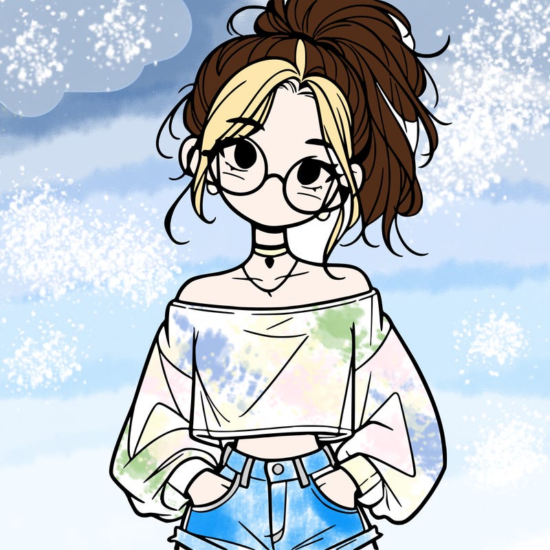 girl with a messy ponytail glasses a baggy crop top and jean shorts