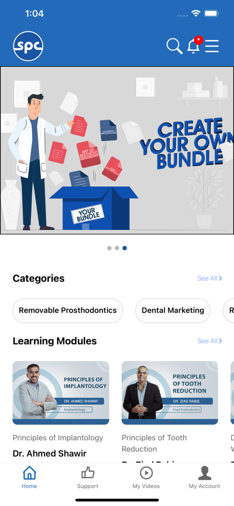 SPC Academy - SPC Academy App-Startbildschirm mit Kategorien für zahnmedizinische Bildung und Lernmodulen