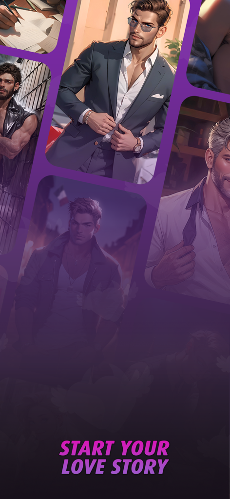 Love Eden: Chapters of Romance - Collage of handsome male character portraits from the Love Eden interactive story app