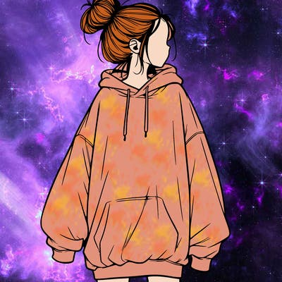realistic girl with a oversized sweatshirt on and a bun