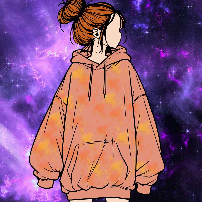 realistic girl with a oversized sweatshirt on and a bun