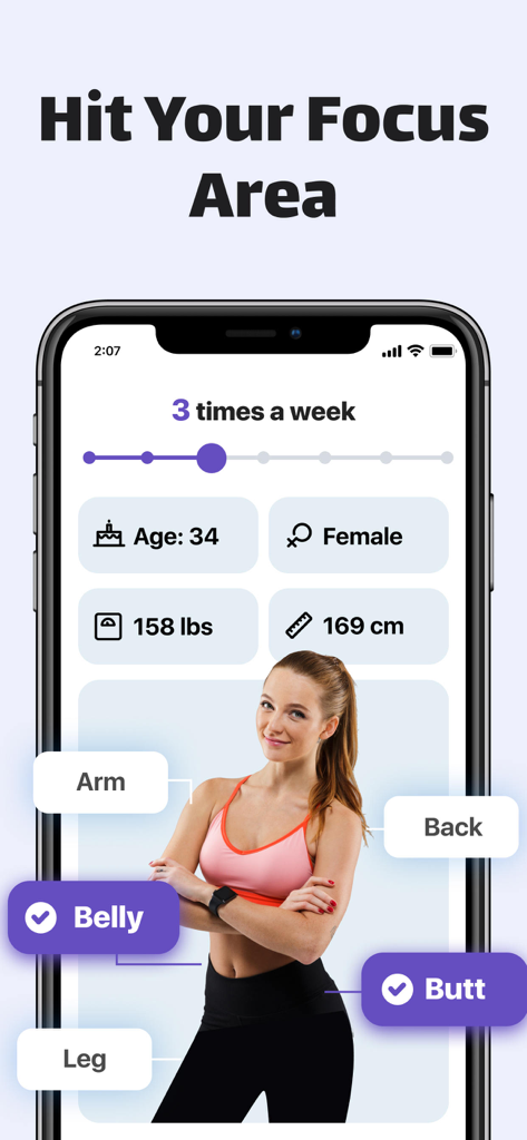 Mobile app interface for selecting body focus areas for a personalized home workout plan