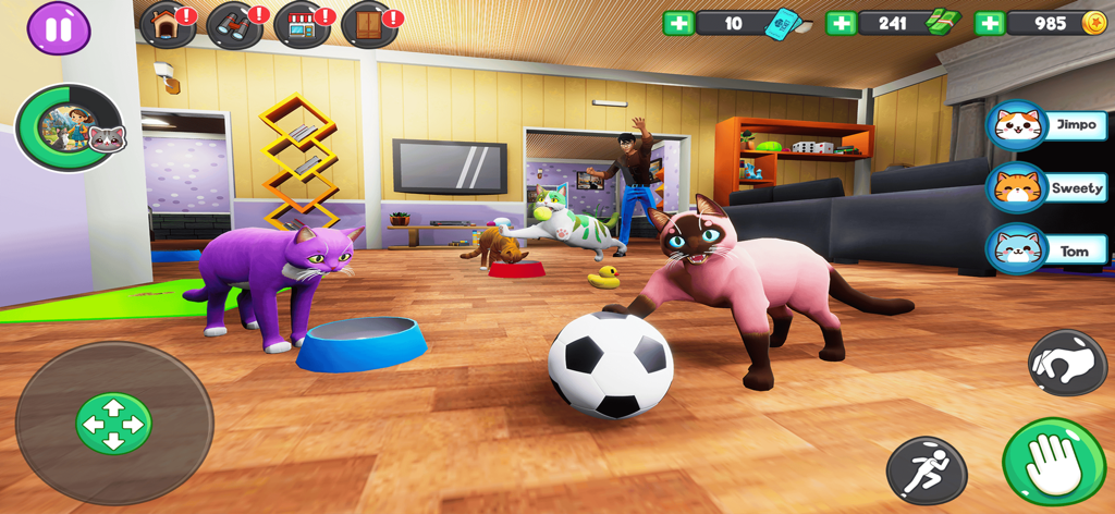A group of virtual cats playing and feeding in a 3D living room with one cat pushing a soccer ball