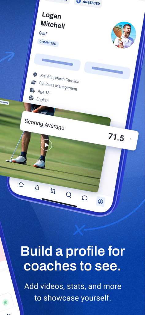 ASM Sports - A student athlete profile in the ASM Sports app featuring a golf player with his scoring average and video highlights