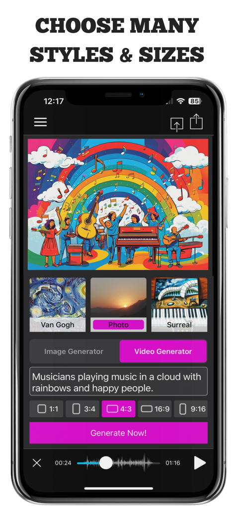 AI Music Video Generator MAIVE - MAIVE app interface showing options to choose styles and sizes for AI music videos