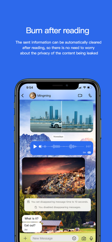 Cipchat - Encrypted Messenger - Interface do aplicativo Cipchat mostrando o recurso de auto-exclusão para mensagens seguras e privadas em um iPhone