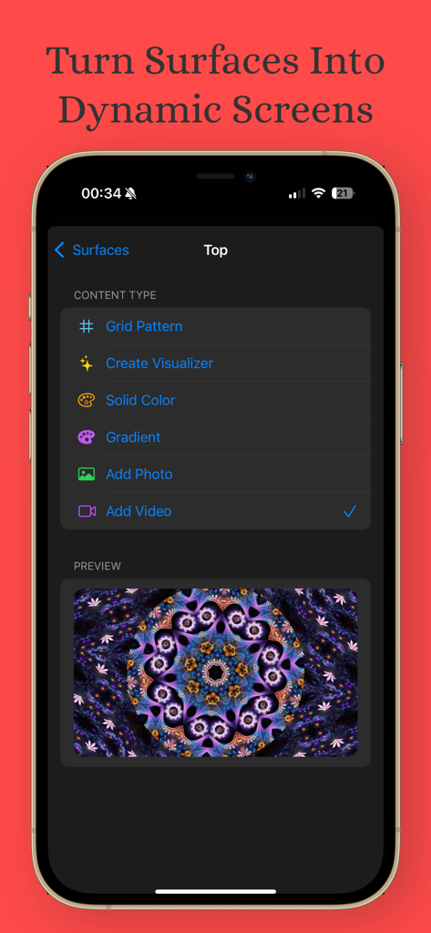 Smartphone screen showing the Pro Mapper app content selection menu and a colorful visualizer preview