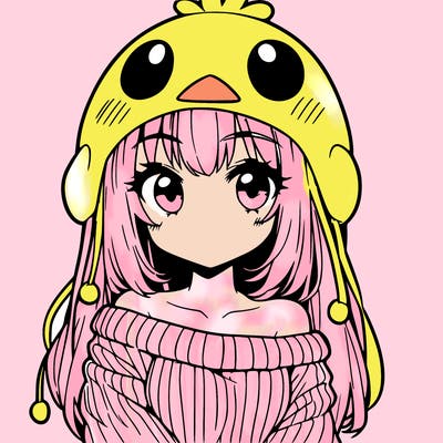 anime girl with chick shaped hat with sweater with bare shoulders with bangs covering them one eye with low tail