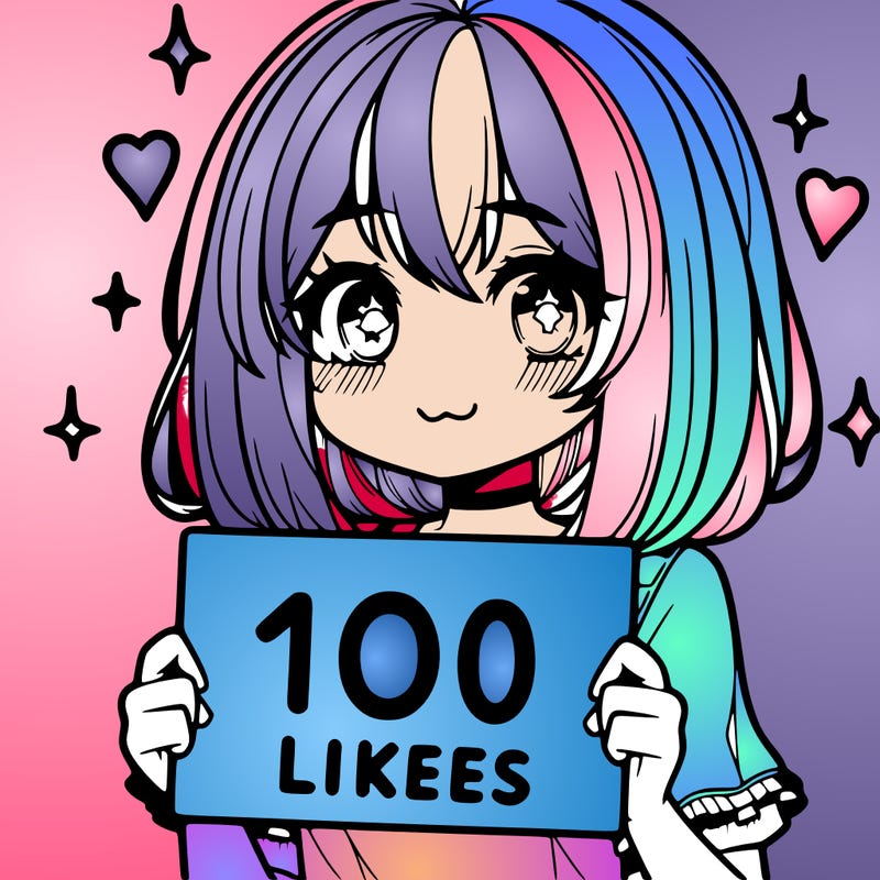 anima girl holding a 100 likes sign in her hand