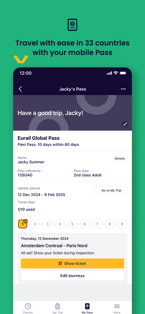 Smartphone screen showing a digital Eurail Global Pass with a travel itinerary from Amsterdam to Paris