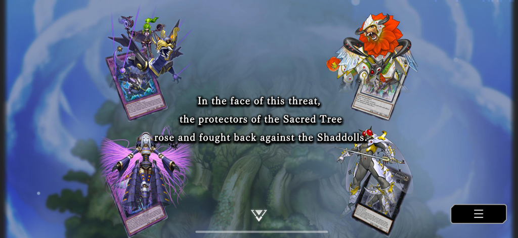Schermata della storia della modalità Solo di Yu-Gi-Oh Master Duel che mostra il testo della storia delle carte e le illustrazioni dei personaggi.
