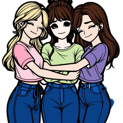3 realistic girls hugging