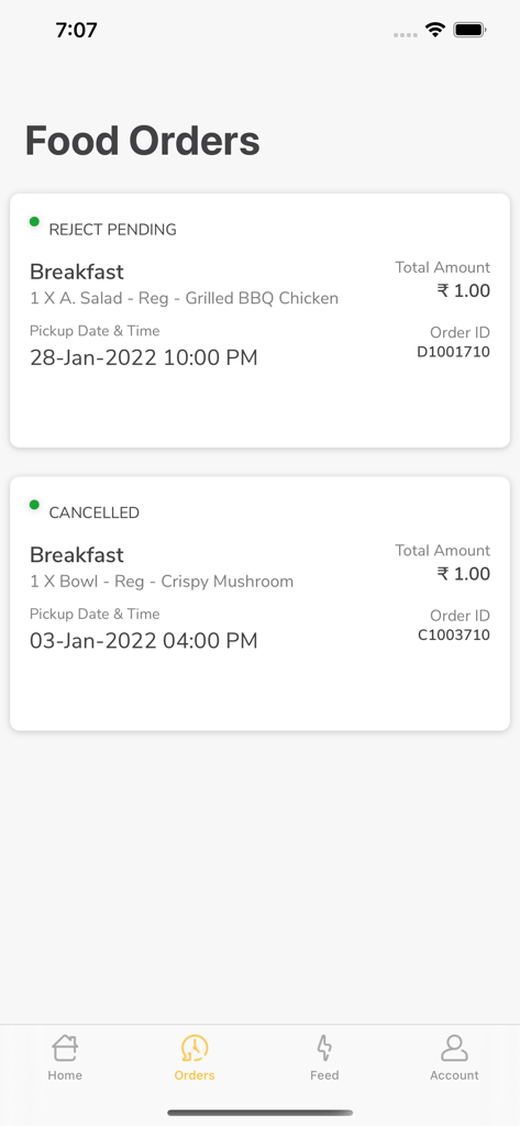 FoodBook - Workplace Food - FoodBook app screen showing workplace food order history and status