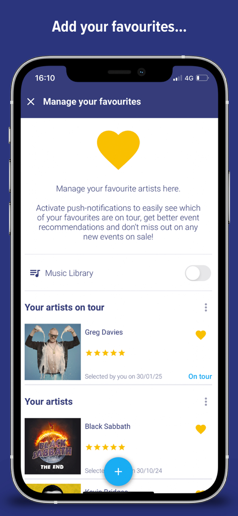 EVENTIM UK | Event Tickets - Screenshot of the manage your favourites screen in the Eventim UK app showing artist lists and a music library integration toggle