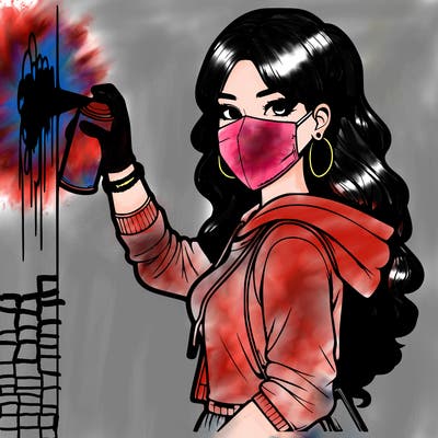realistic girl with mask spray painting a wall