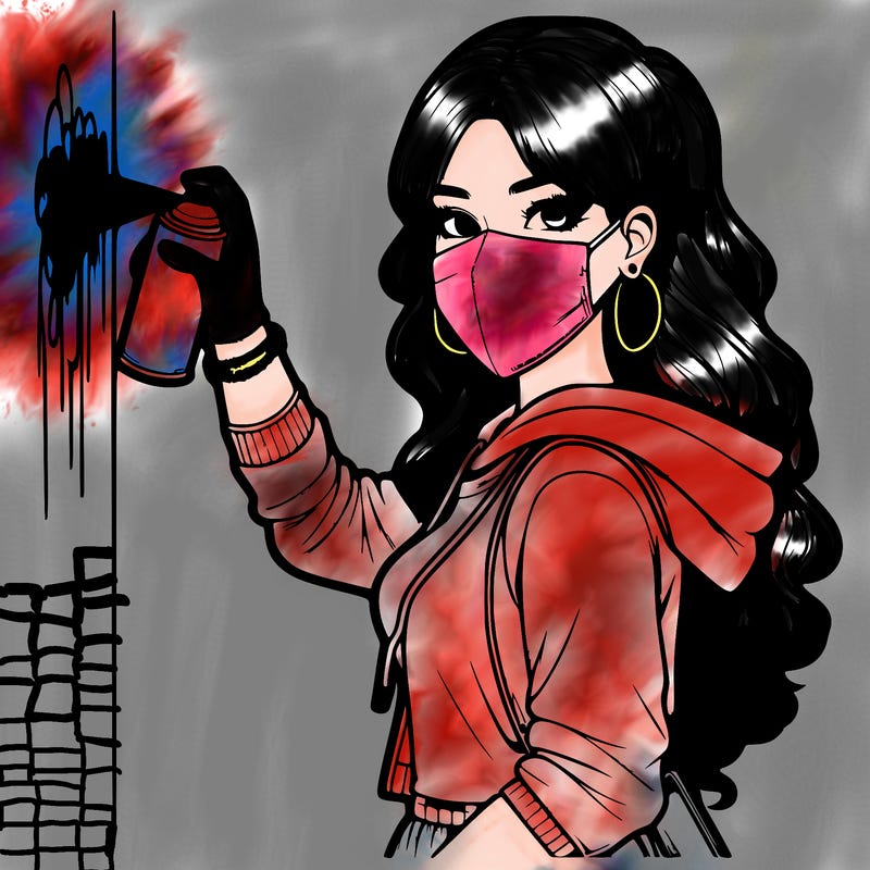 realistic girl with mask spray painting a wall