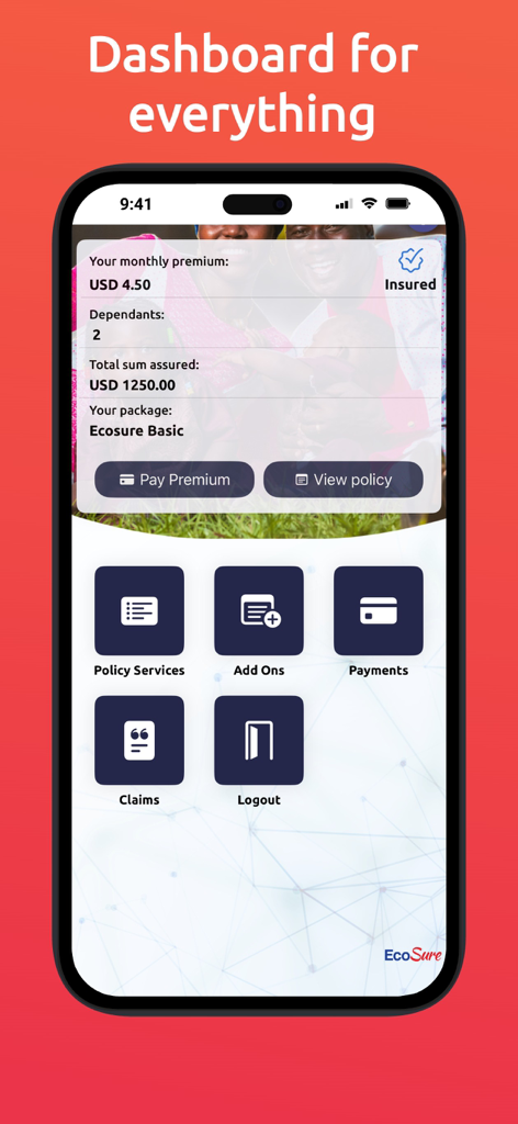 Tableau de bord de l'application EcoSure Zimbabwe montrant les détails des primes d'assurance et les options de gestion de police