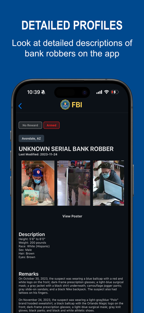 FBI Bank Robbers - Detailed profile of a bank robbery suspect with surveillance photos in the FBI Bank Robbers app