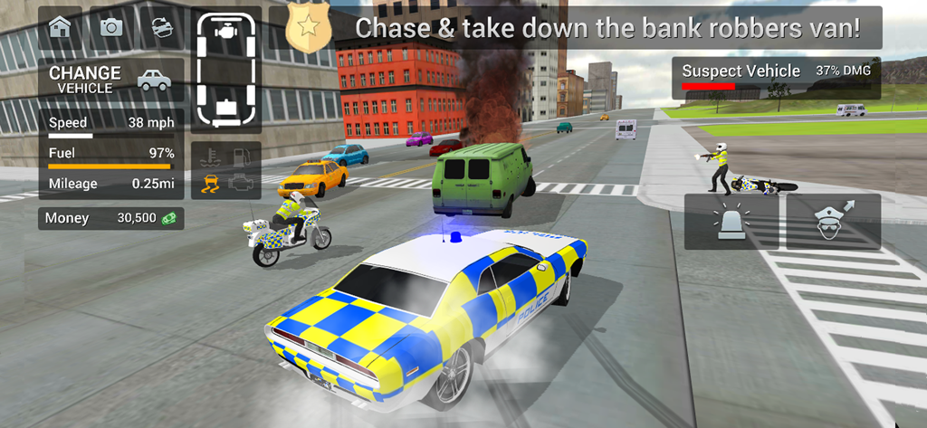 Police Car Driving: Crime City - Polizeiauto und Motorrad jagen einen grünen Bankräuber-Transporter auf einer Stadtstraße