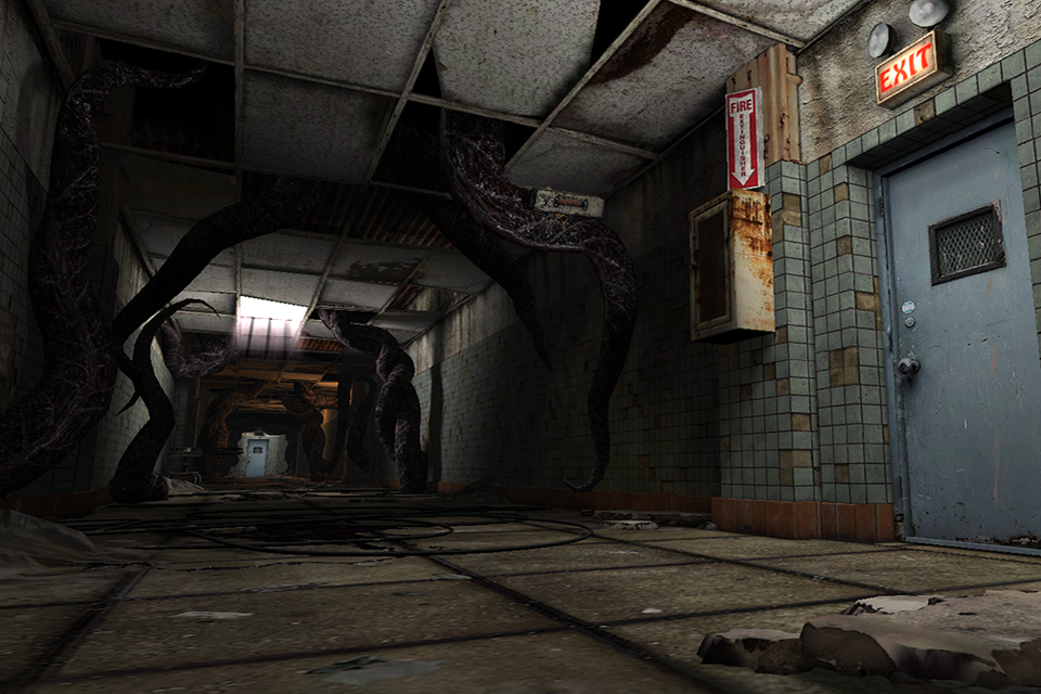 Dark Meadow: The Pact - Ein dunkler und verfallender Krankenhausflur voller großer schwarzer Tentakel in Dark Meadow The Pact