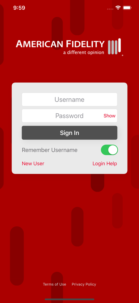 AFmobile app login screen with username and password fields