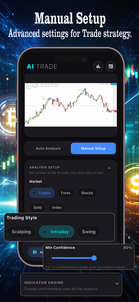 Chart AI Trading Assistant - Manual setup screen for customizing trading strategies and market types in the Chart AI app