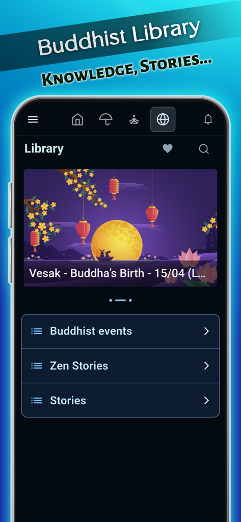 Buddha Quotes: Buddhist Wisdom - Interfaz de la Biblioteca Budista en la aplicación Citas de Buda que muestra historias Zen y eventos religiosos.