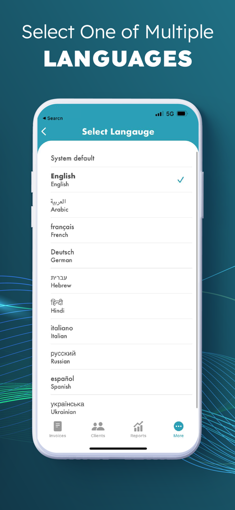 Tela de seleção de idioma no App Criador de Faturas Simples mostrando opções para inglês, espanhol, francês e mais.