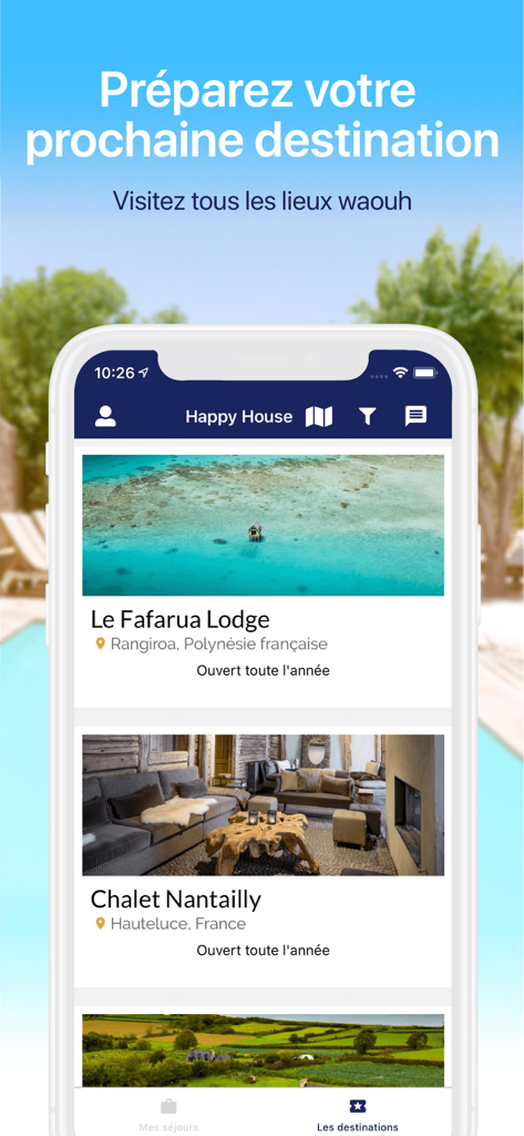Happy House - Happy House app interface showing a curated selection of luxury travel destinations including lodges and chalets