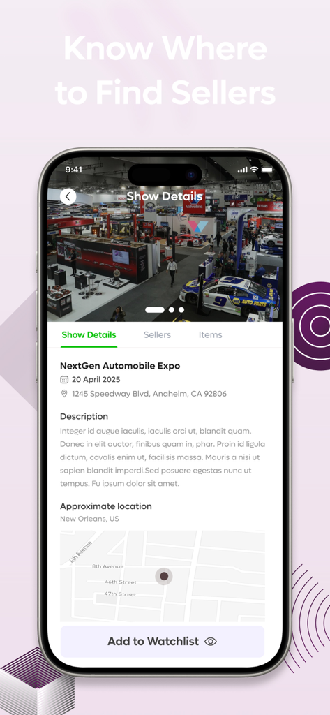 The FoundIt App - Captura de tela do App FoundIt exibindo detalhes do show para uma exposição de automóveis, incluindo data do evento, local e mapa