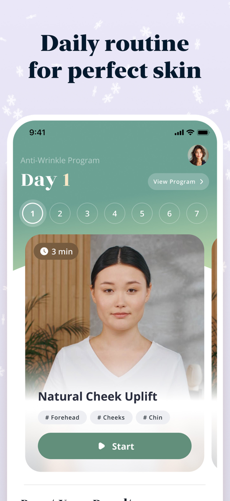 Interfaz de la app Luvly de yoga facial que muestra un programa diario antiarrugas con un ejercicio natural de elevación de mejillas