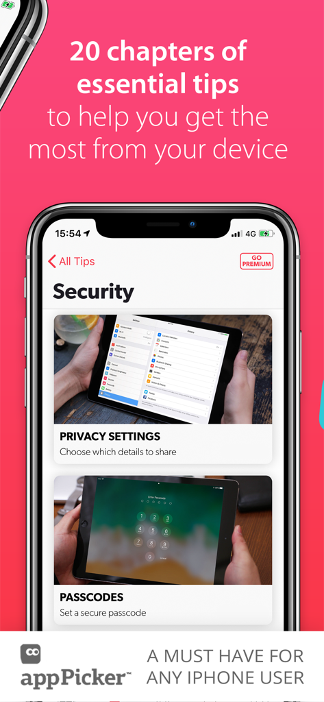 Tips & Tricks Pro - for iPad - Interface of Tips and Tricks Pro app showing security chapters for privacy settings and passcodes
