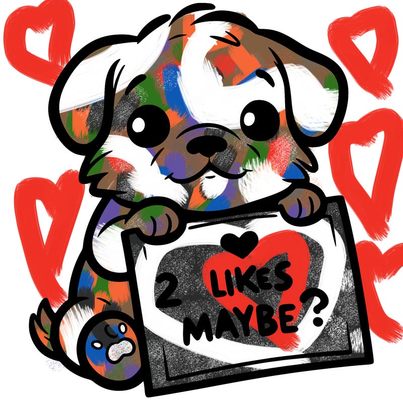 a puppy holding a sign that says 2 likes maybe?