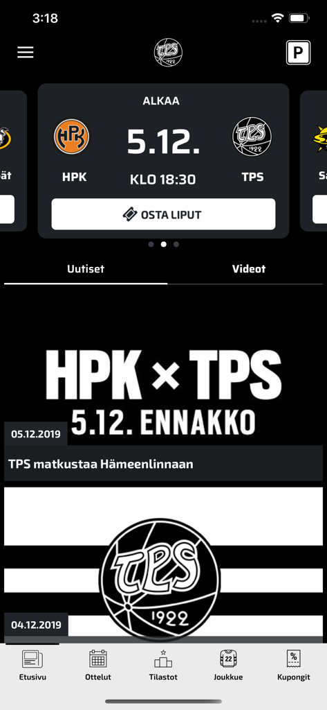Home screen of the HC TPS hockey app featuring a game preview for HPK versus TPS and the latest team news.