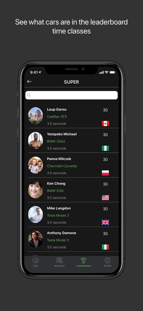 FastR - 0-60 Acceleration Test - Placar do aplicativo FastR mostrando classificações de aceleração de 0 a 100 km/h para diferentes modelos de carros