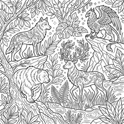 Unleash your creativity with this magnificent coloring page featuring intricate wild animal sculptures. Journey into an enchanted forest and bring these majestically patterned creatures to life with your favorite colors.